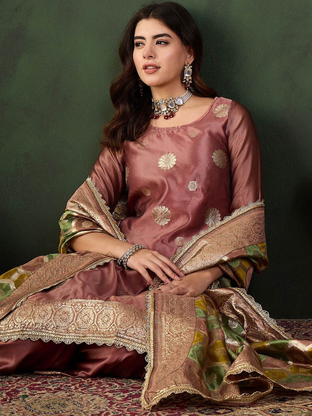 

Sangria Woven Design Kurta & Palazzo With Dupatta, Mauve