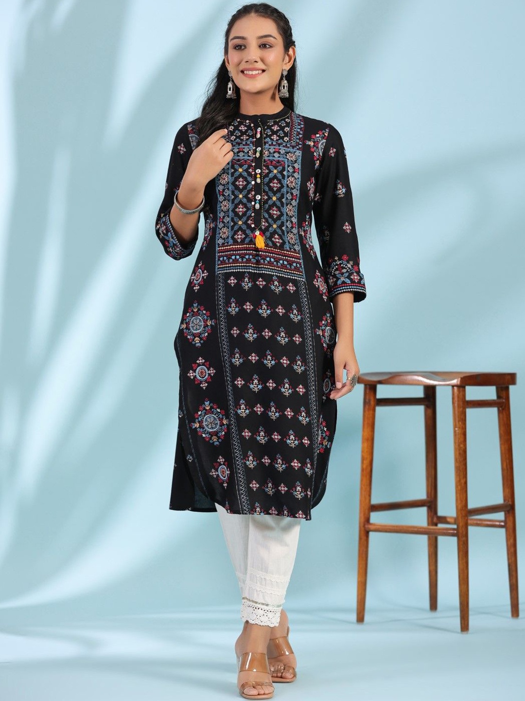 

Juniper Women Ethnic Motifs Printed Flared Sleeves Liva Kurta, Black