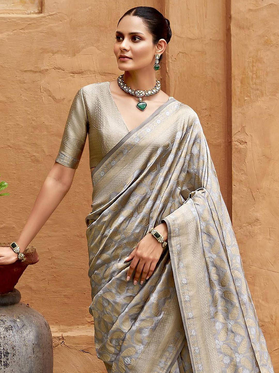 

Anouk Ethnic Motifs Zari Silk Blend Banarasi Saree, Grey