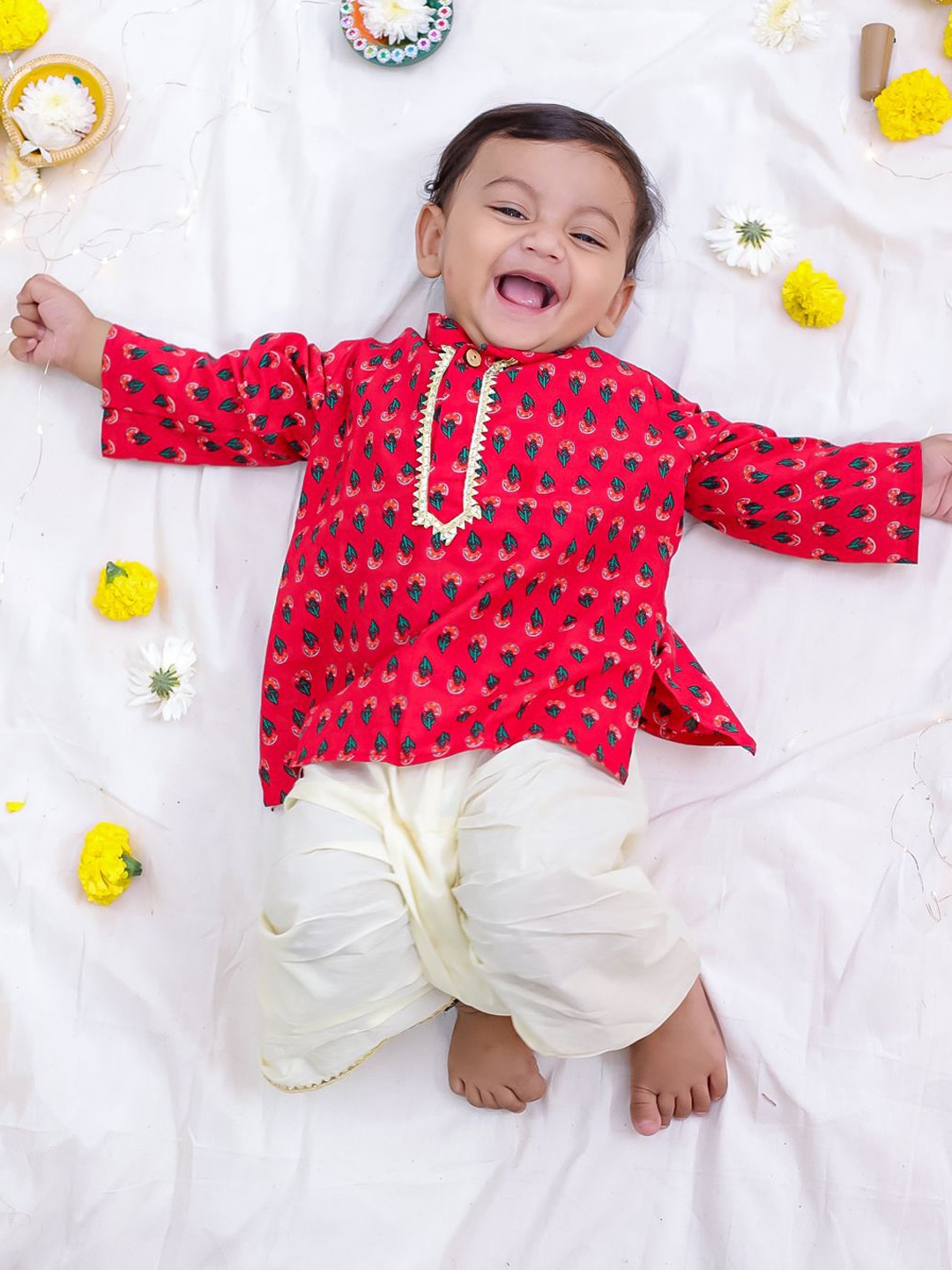 

KID1 Boys Floral Printed Regular Pure Cotton Kurta with Dhoti Pants, Red