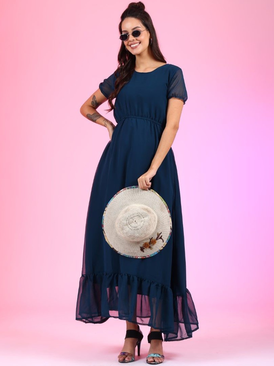 

Femvy Georgette Fit & Flare Maxi Dress, Blue