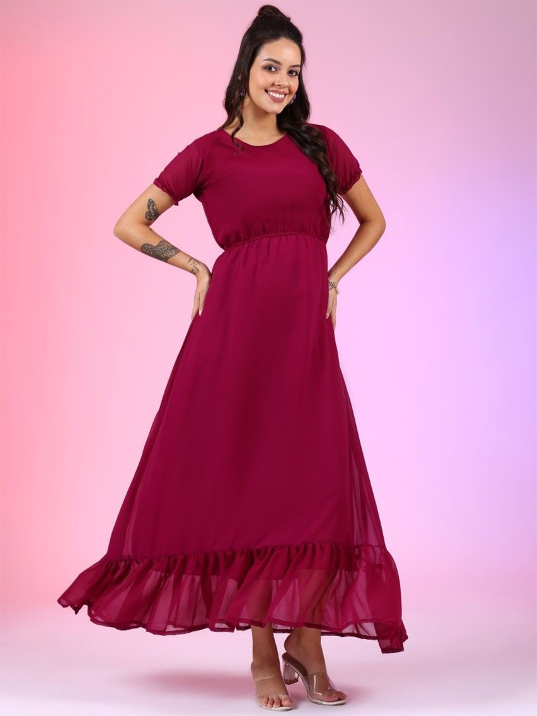 

Femvy Georgette Fit & Flare Maxi Dress, Magenta