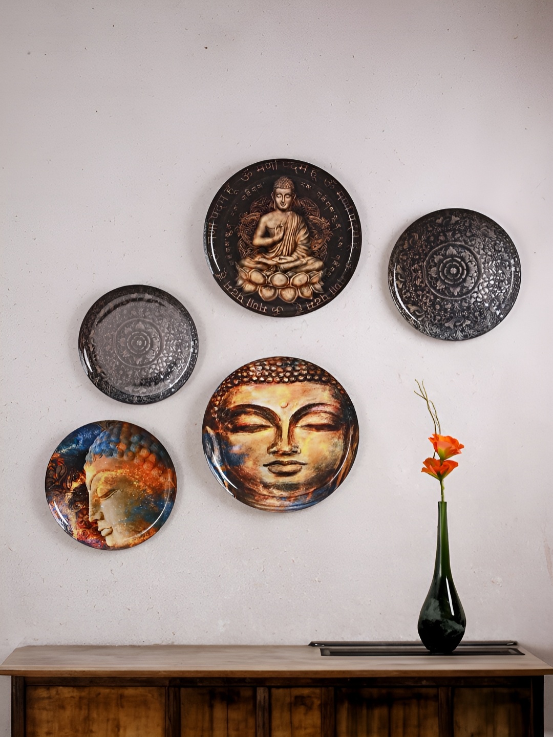 

Homspurts Brown & Grey 5 Pieces Lord Budhha Printed Wall Plates