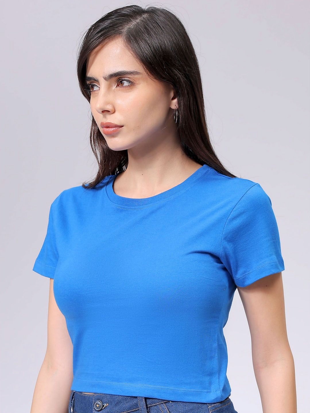 

Freehand by The Indian Garage Co Women Solid Round Neck Cotton T-shirt, Blue