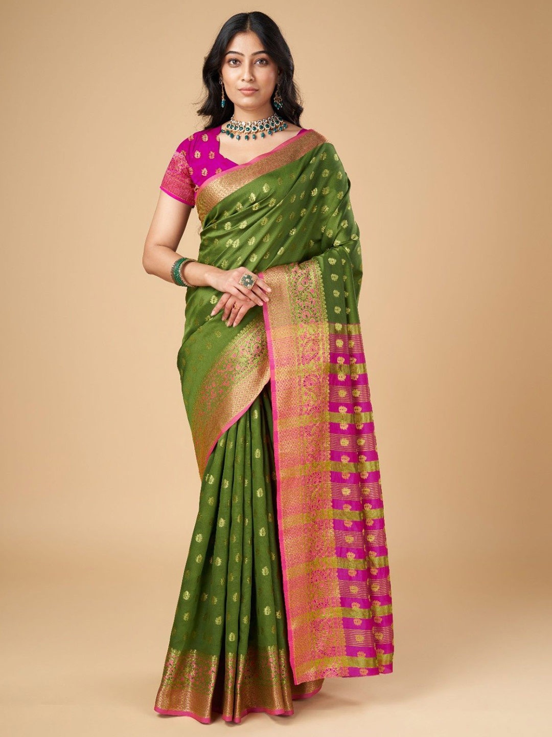 

KALINI Woven Design Zari Silk Blend Designer Kanjeevaram Saree, Green