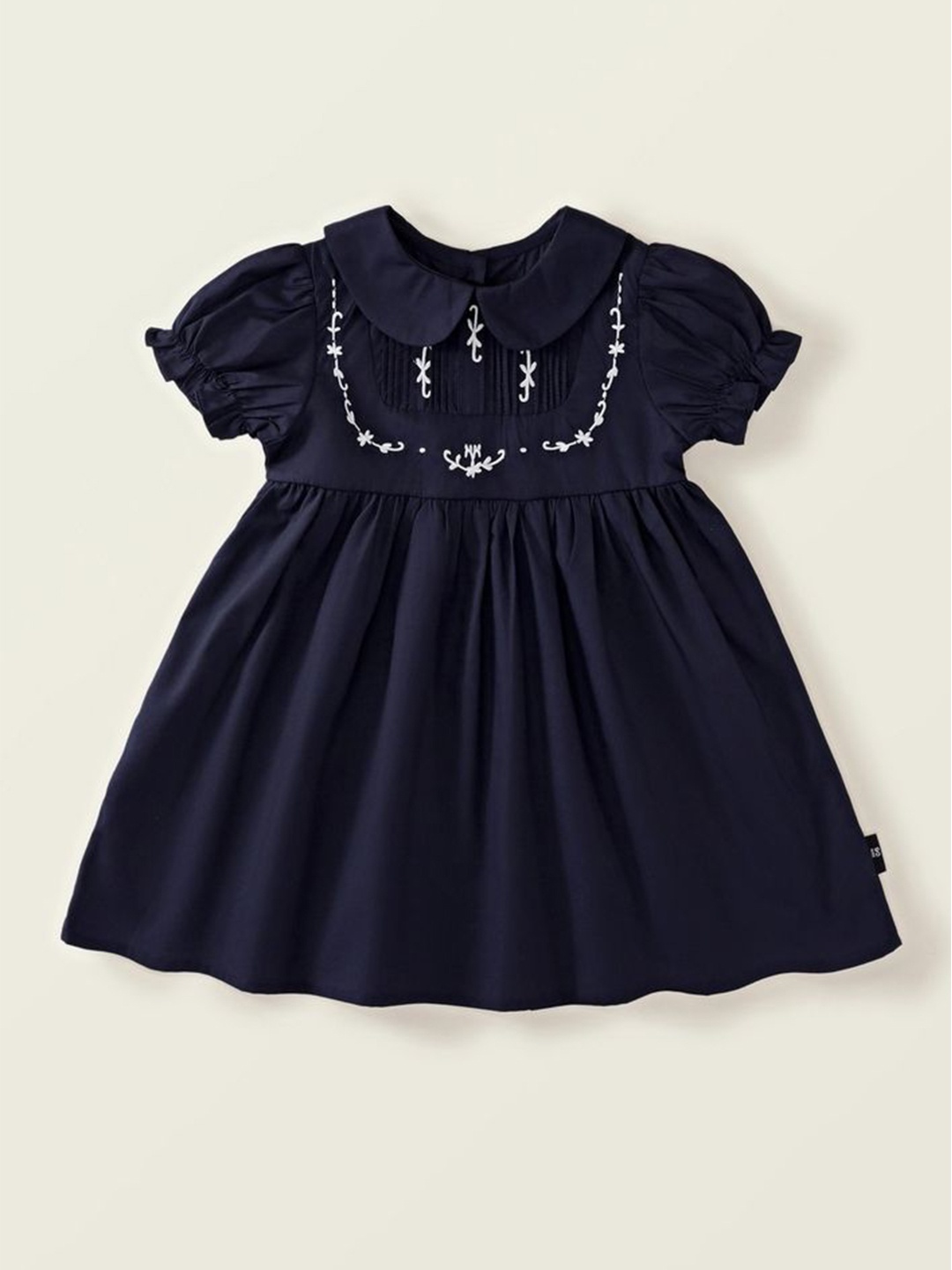 

LULU & SKY Girls Pure Cotton Peter Pan Collar Puff Sleeve Fit & Flare Dress, Navy blue