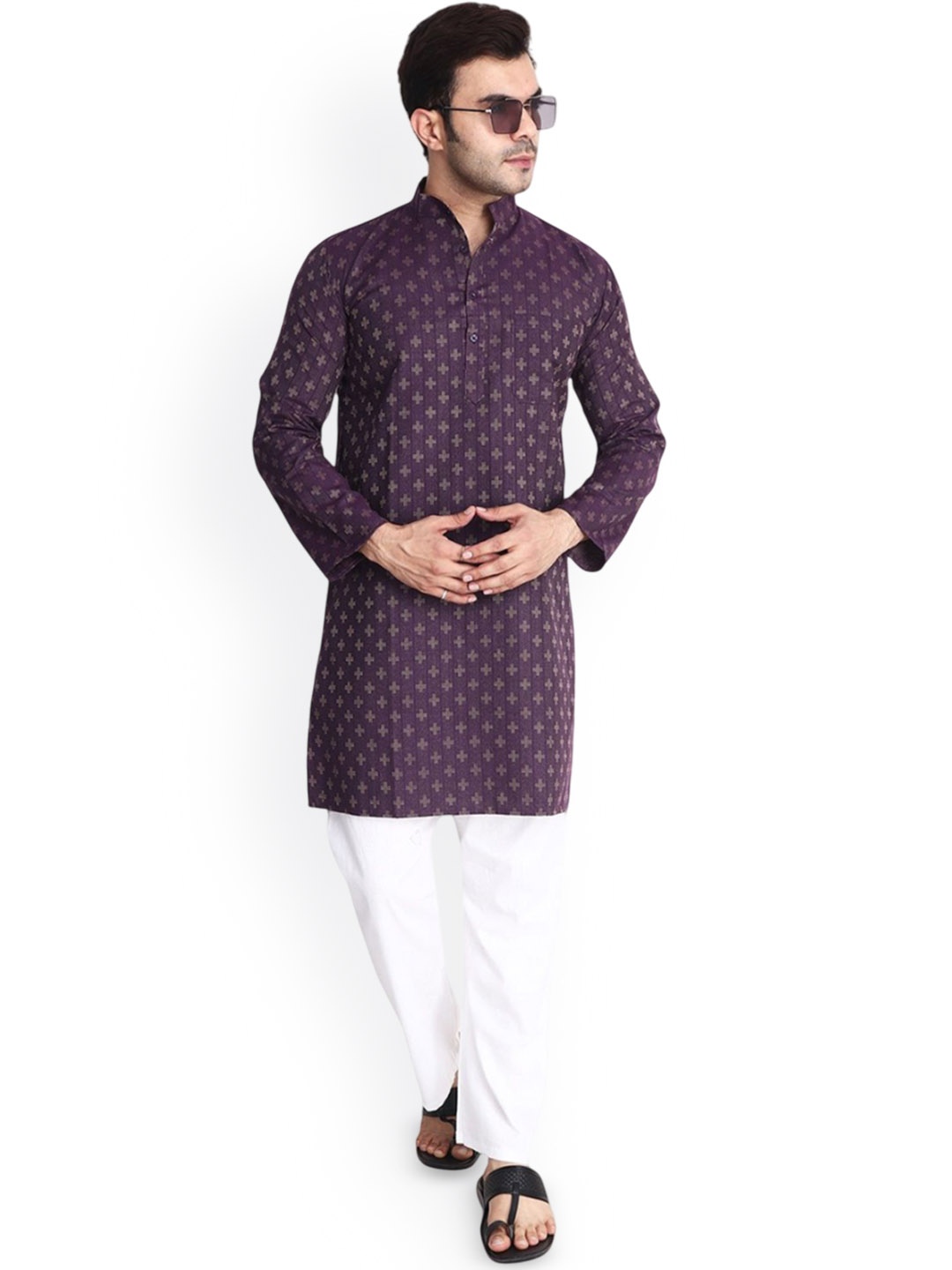 

Aaryavar Geometric Woven Design Mandarin Collar Long Sleeves Cotton Straight Kurta, Purple