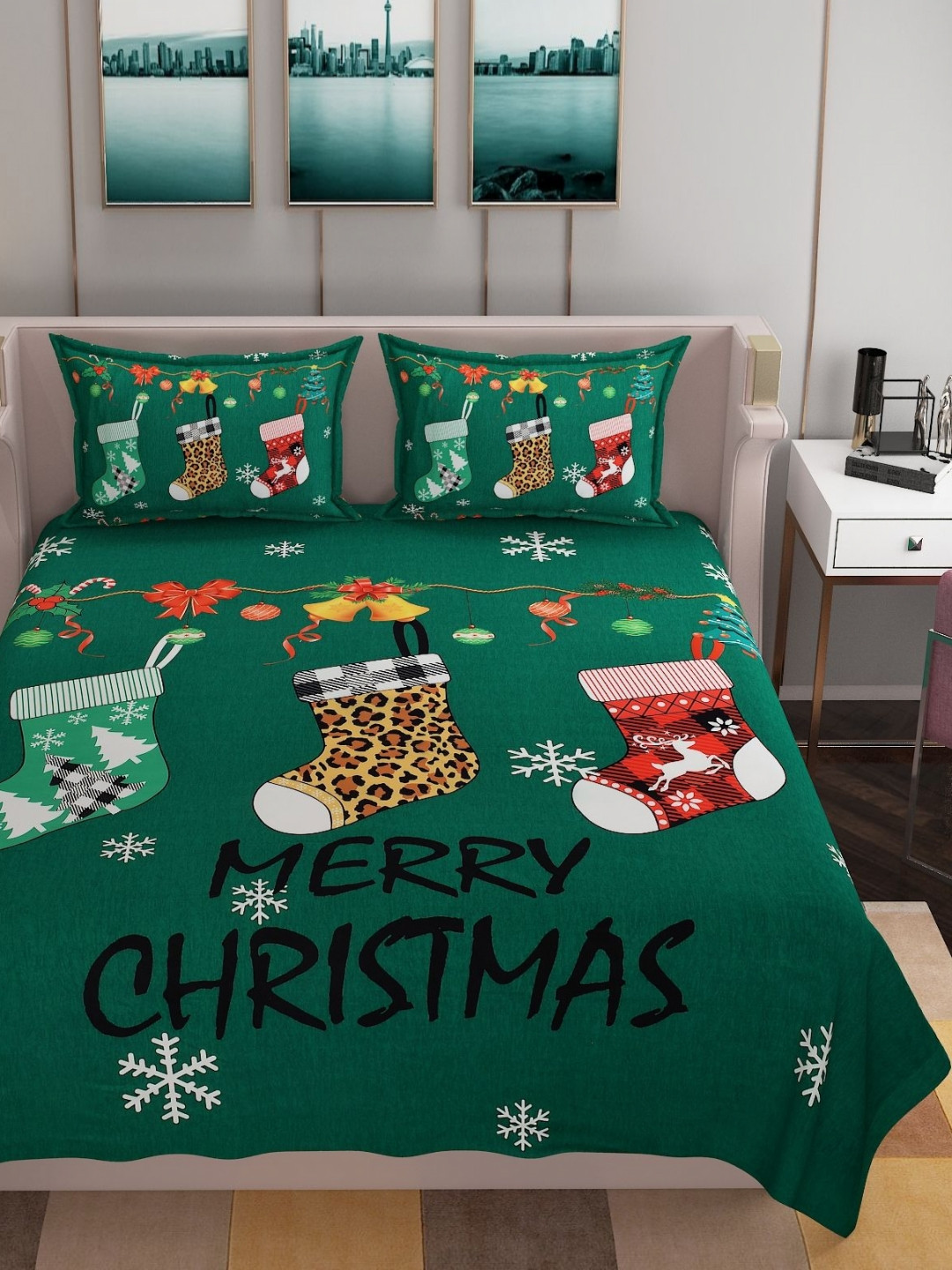 

BELVOSTUM Fluorescent Green & White Graphic 250 TC King Bedsheet with 2 Pillow Covers