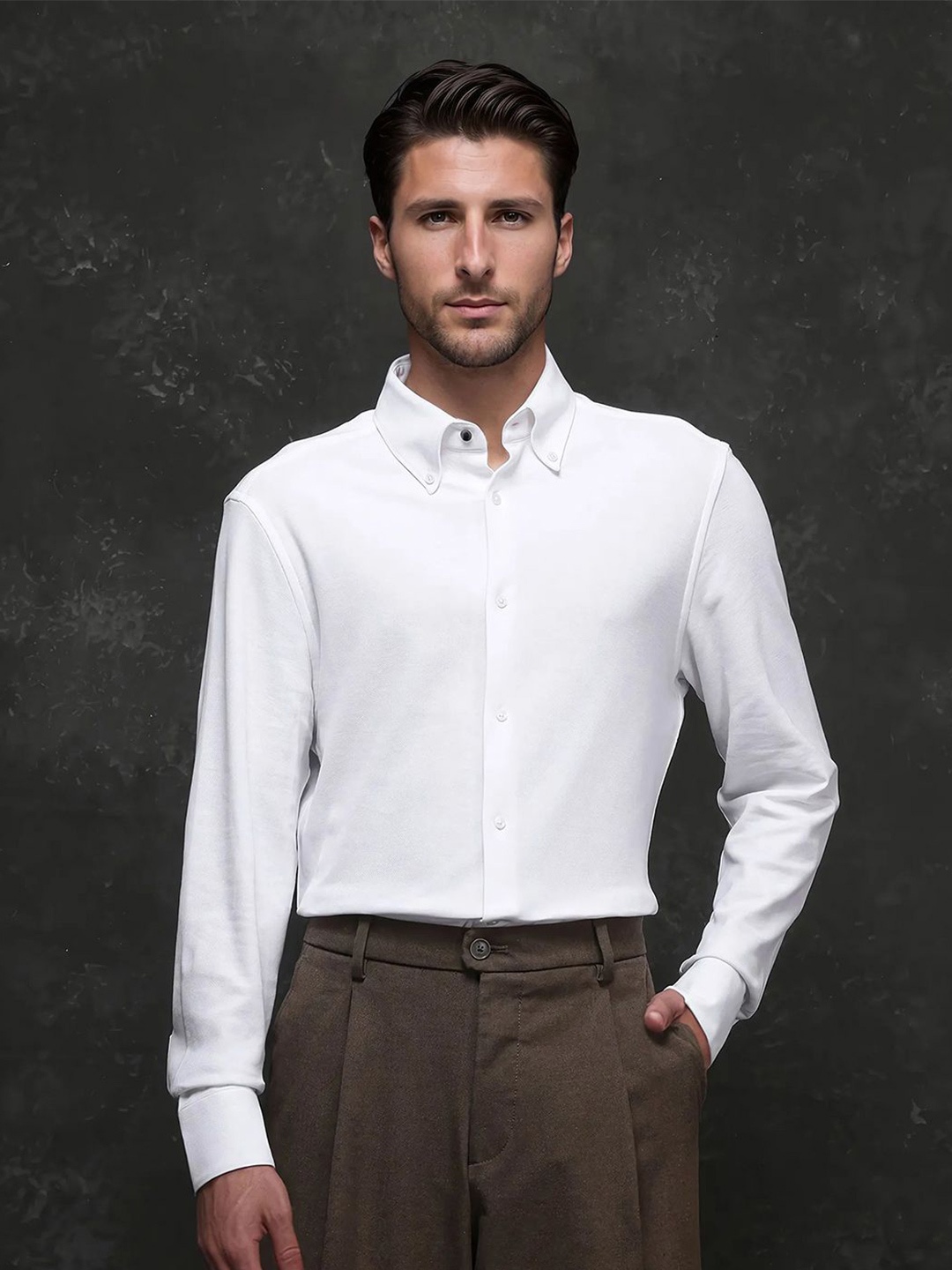 

RARE RABBIT Men Comfort Button-Down Collar Solid Cotton Casual Shirt, White