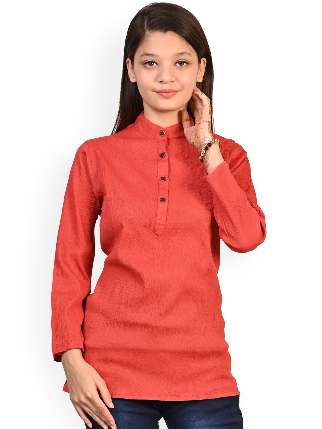 

BAESD Girls Band Collar Long Sleeves Straight Kurta, Red