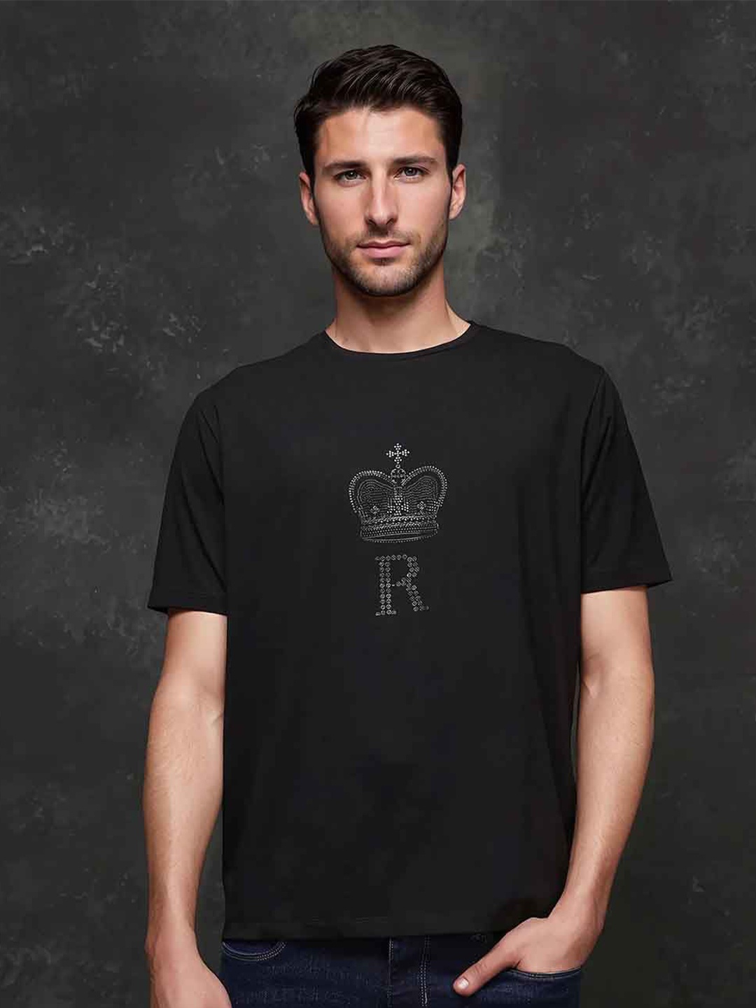 

RARE RABBIT Men Printed Raw Edge T-shirt, Black