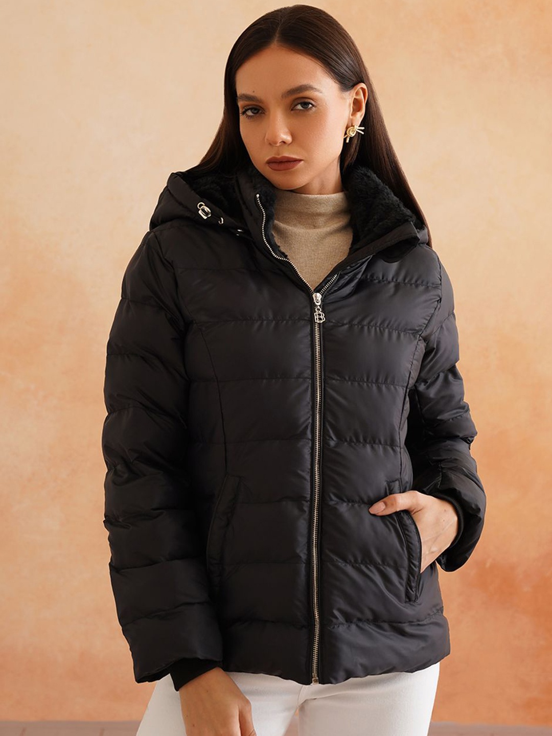

Beatnik Women Hooded Solid Casual Puffer Jacket, Black