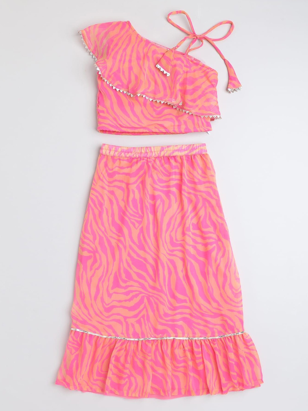 

taffykids Girls Printed One Shoulder Top with Skirt, Pink