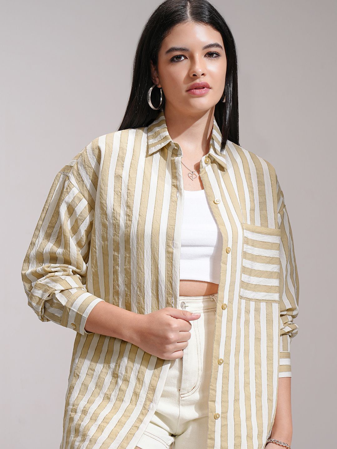 

Tokyo Talkies Women Opaque Striped Casual Shirt, Beige