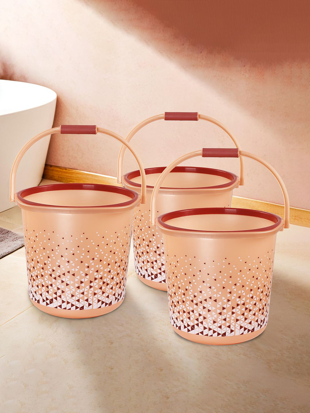 

Kuber Industries Brown & White 3 Pieces Geometric Multi Purpose Small Bucket- 24 ltr