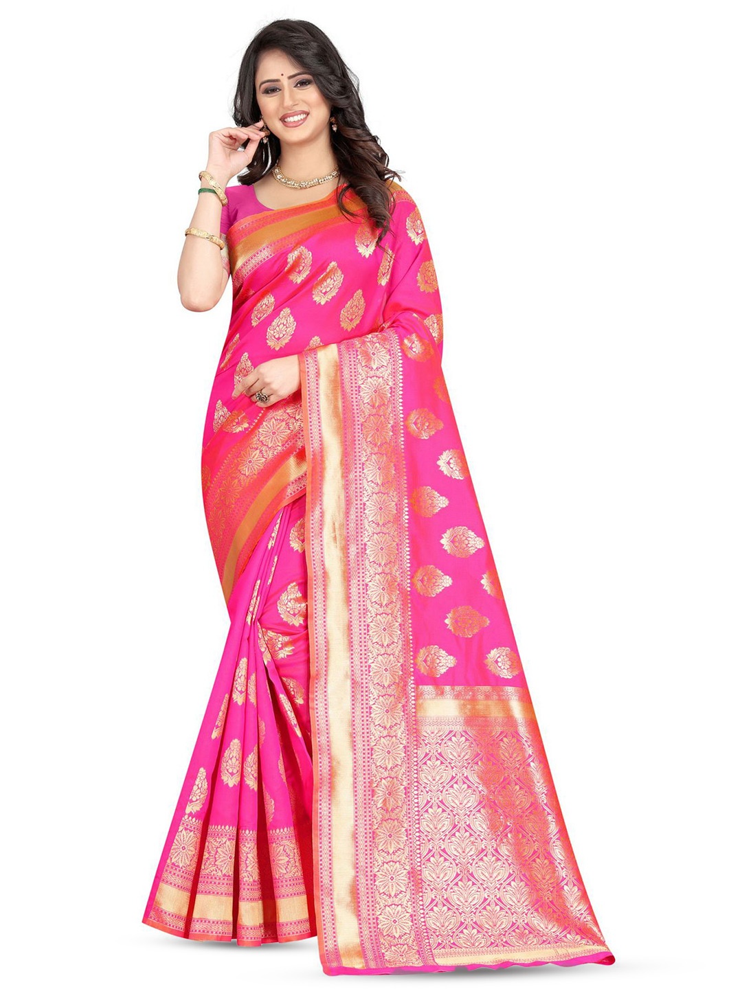 

KALINI Woven Design Zari Silk Blend Kanjeevaram Saree, Pink