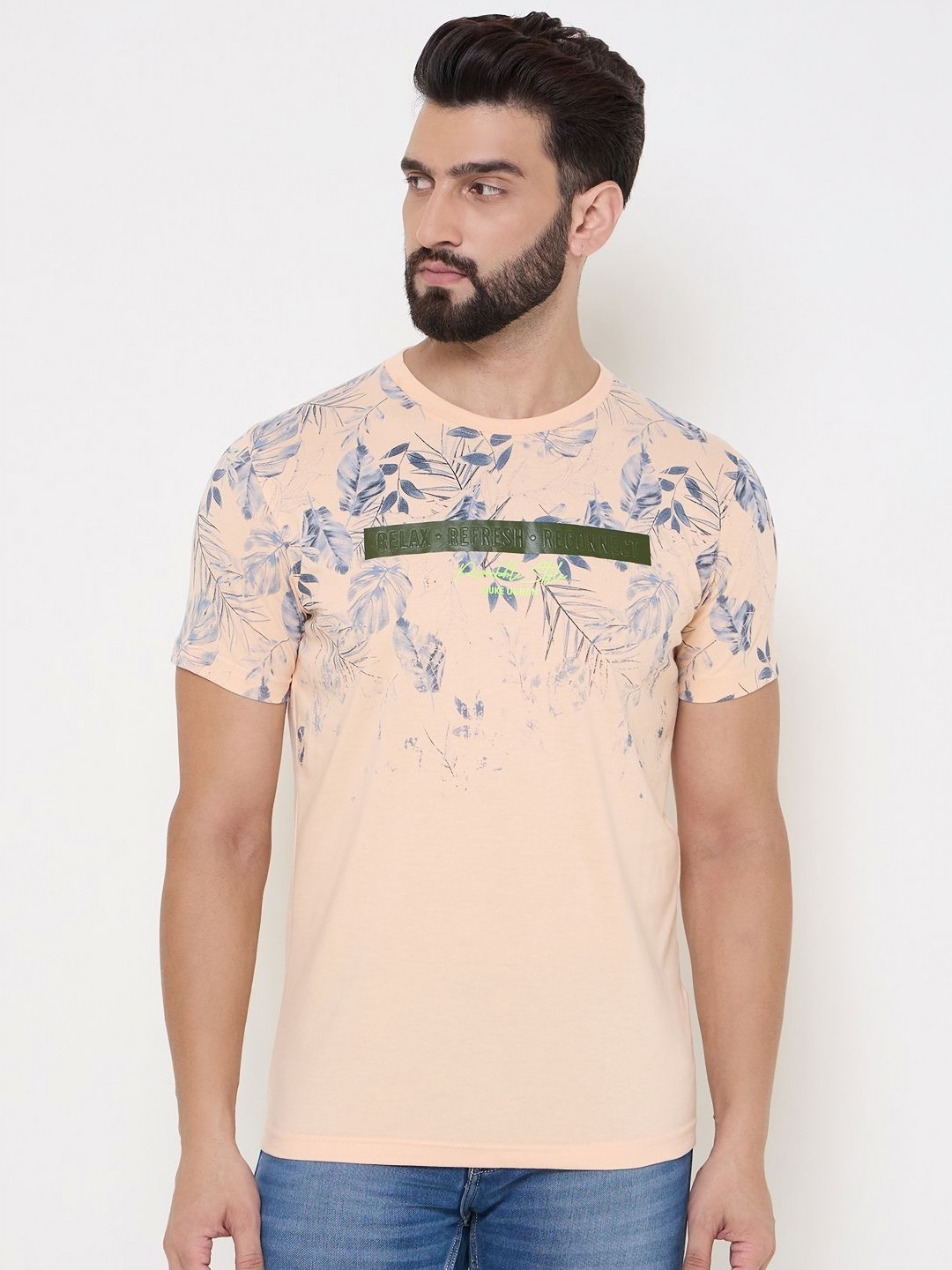 

Duke Men Floral Printed Round Neck Cotton T-shirt, Peach