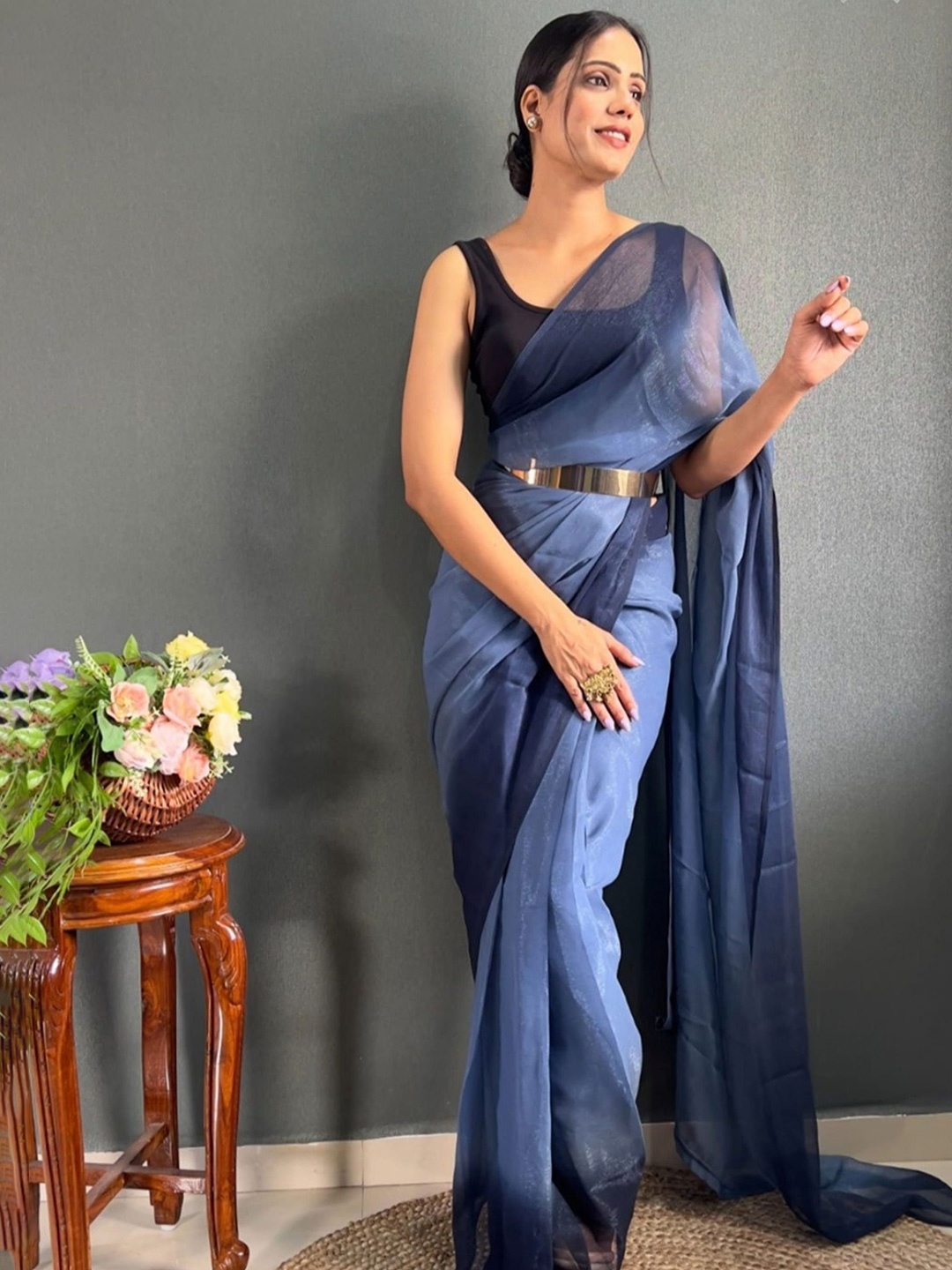 

KAYOMMI Ombre Pure Crepe Jamdani Saree, Blue