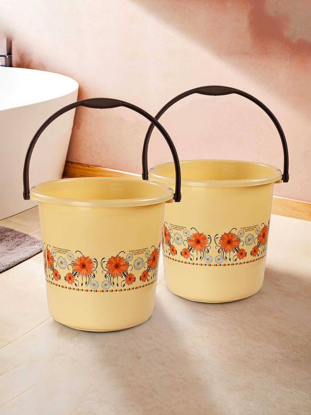 

Kuber Industries Cream & Orange 2 Pieces Floral Printed Lightweight Buckets 18 L Each