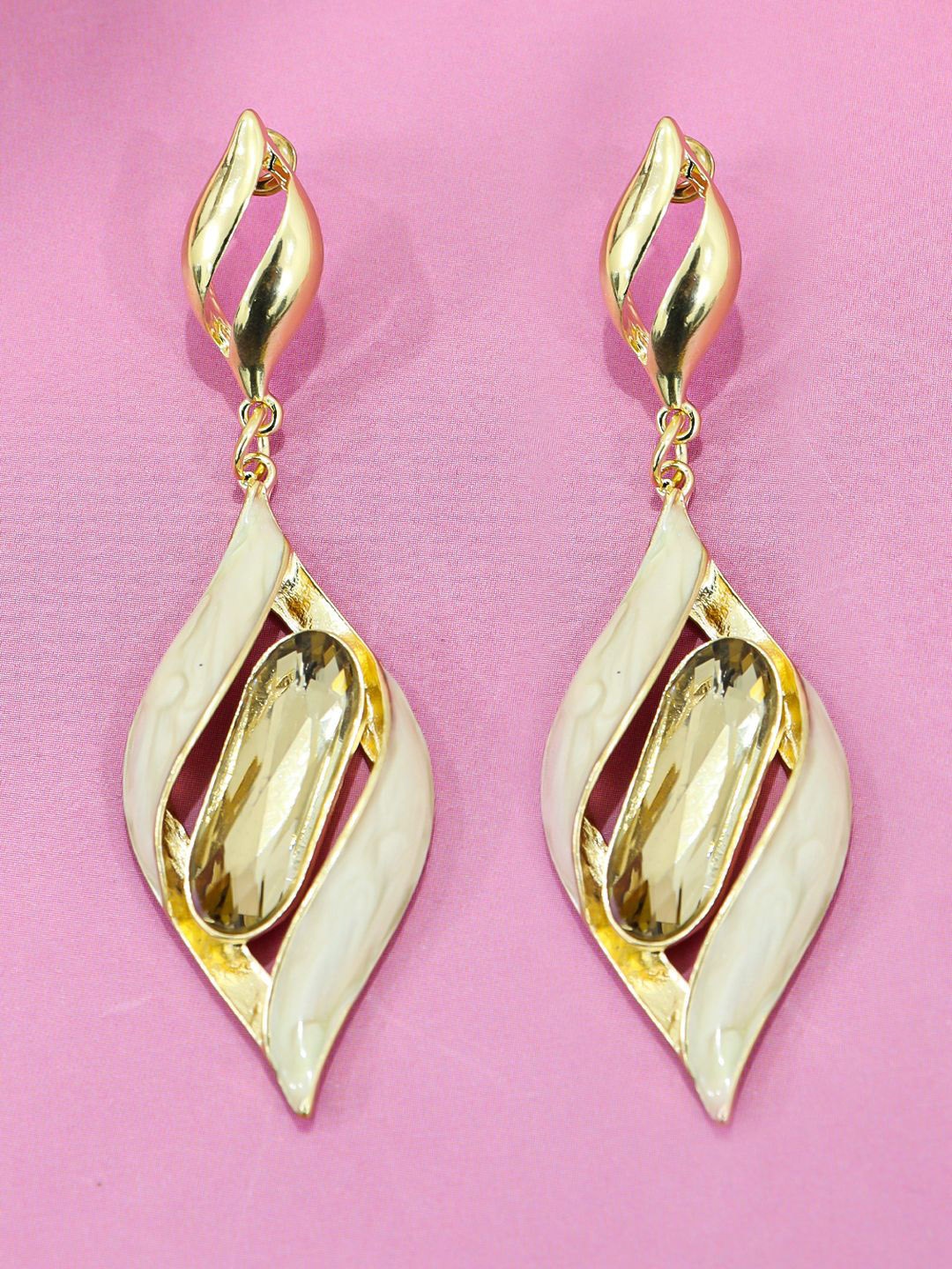 

Krelin Gold-Plated Stainless Steel Rhinestone Twisted Cage Design Drop Earrings, Cream