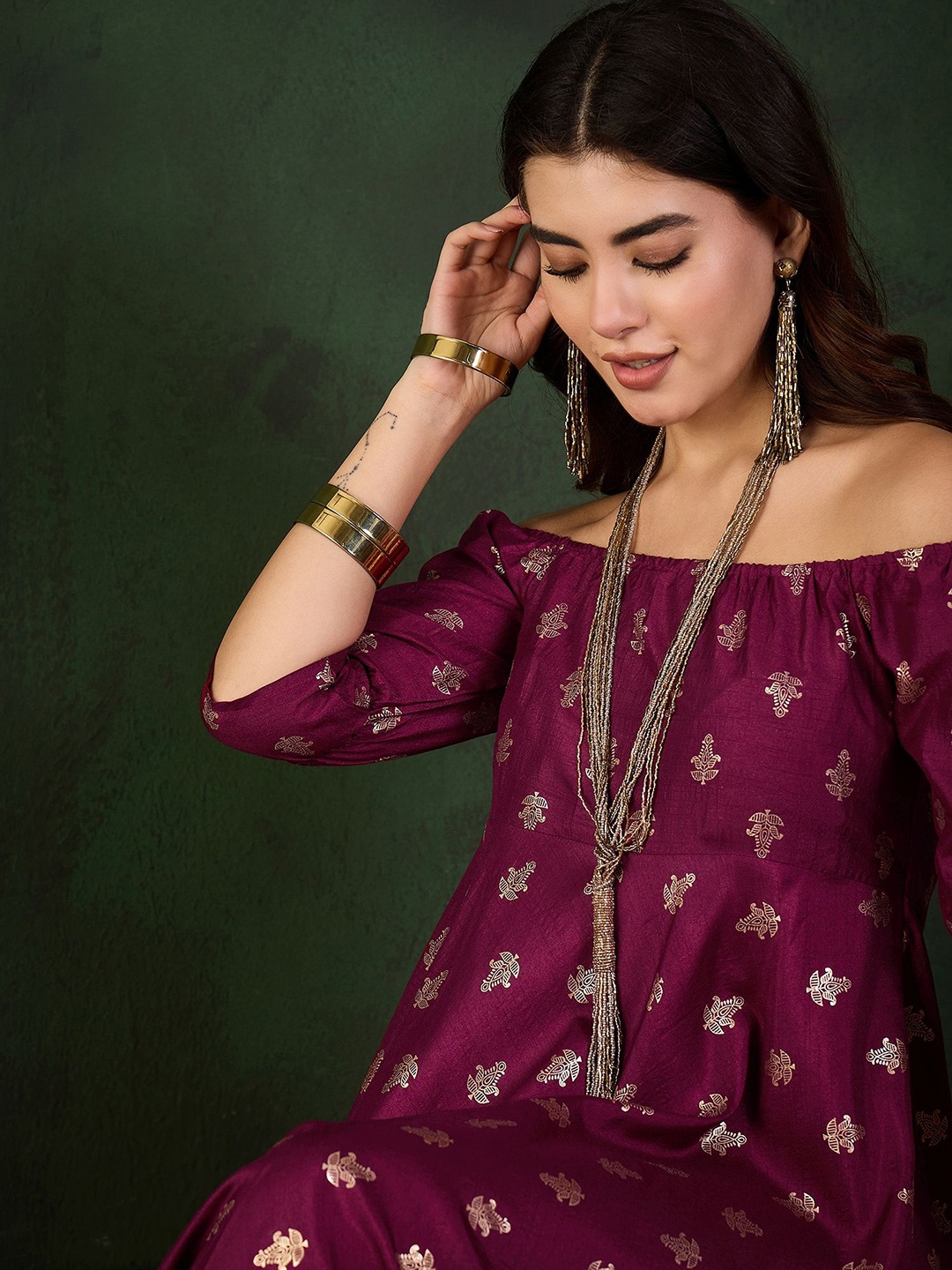 

Sangria Printed Off Shoulder Ethnic Dress, Maroon