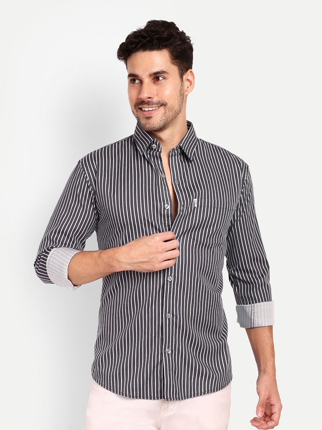 

Lewogle Men Opaque Striped Casual Shirt, Grey