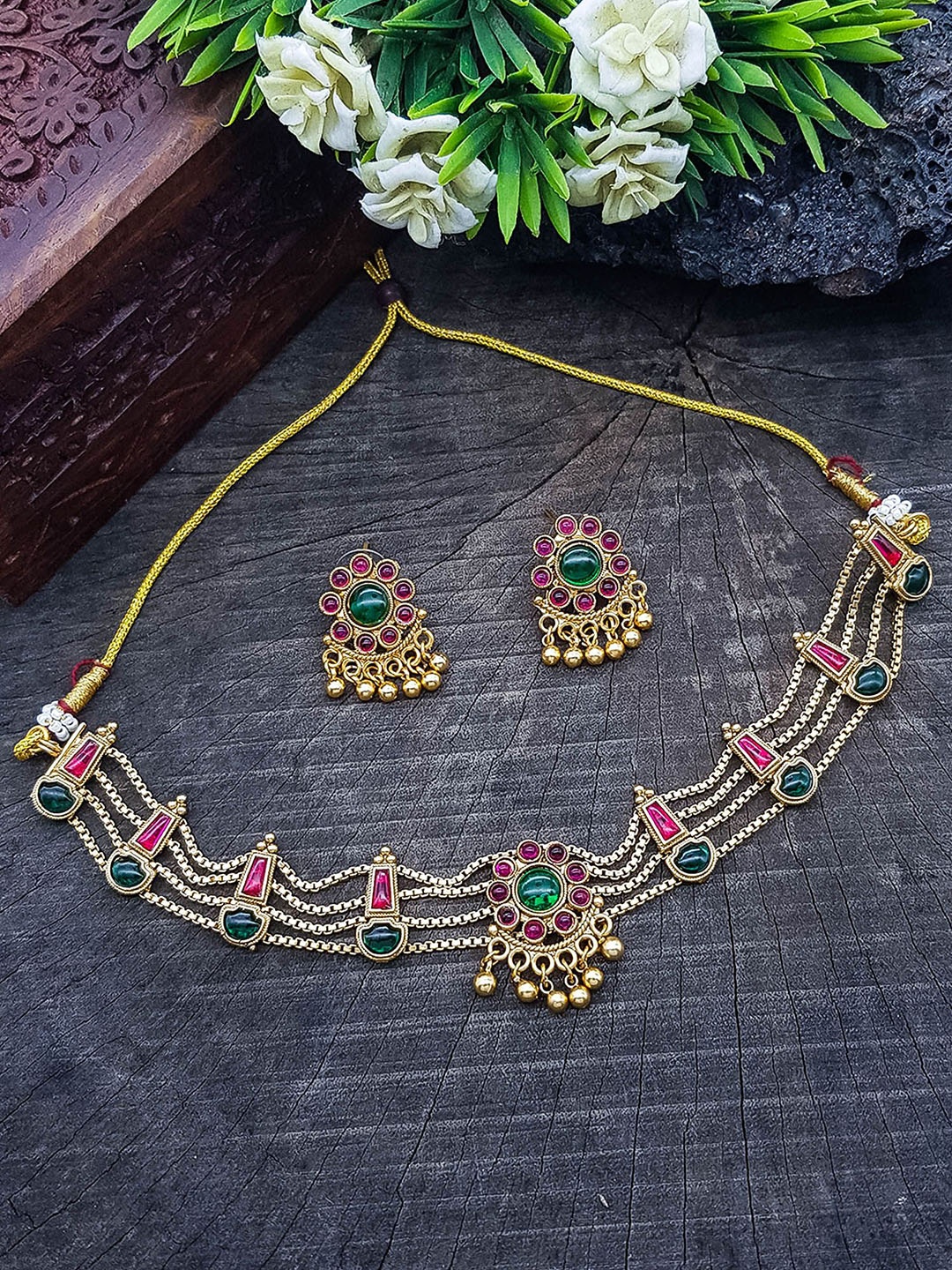 

GRIIHAM Gold-Plated AD-Studded & Beaded Jewellery Set