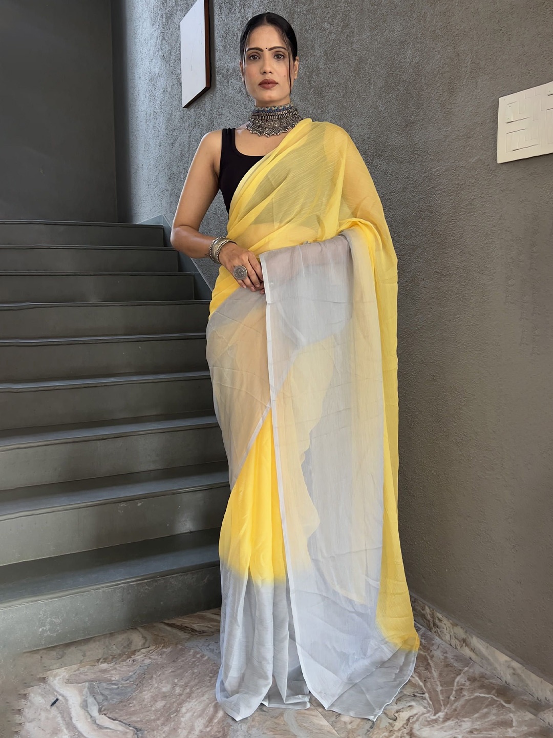 

KAYOMMI Pure Chiffon Dyed Ombre Saree, Yellow