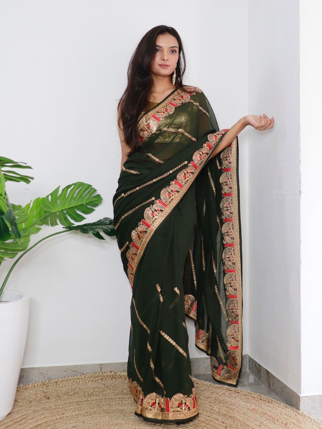 

Anouk Woven Design Embroidered Poly Georgette Saree, Green