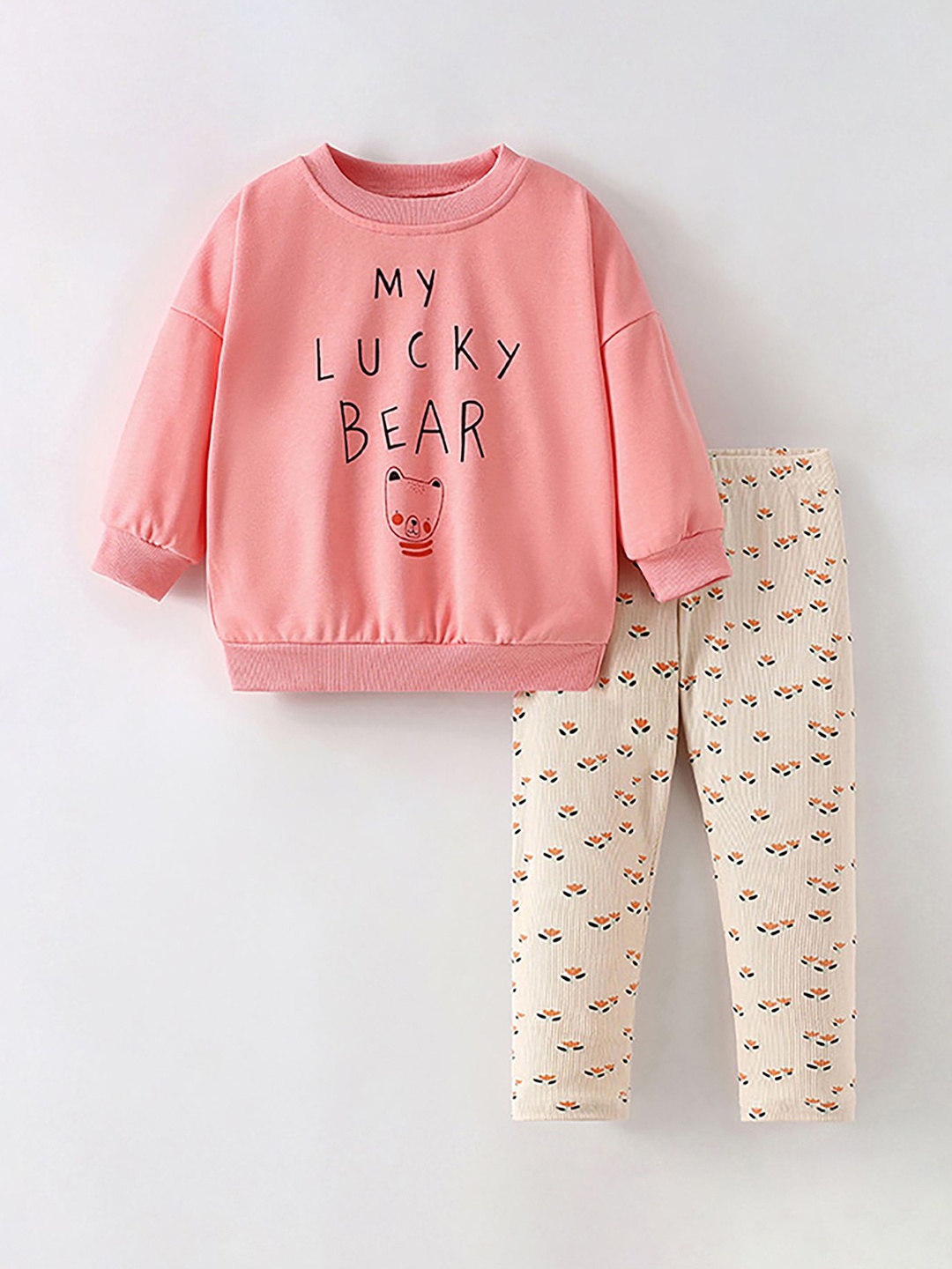 

LULU & SKY Girls Printed Night suit, Peach