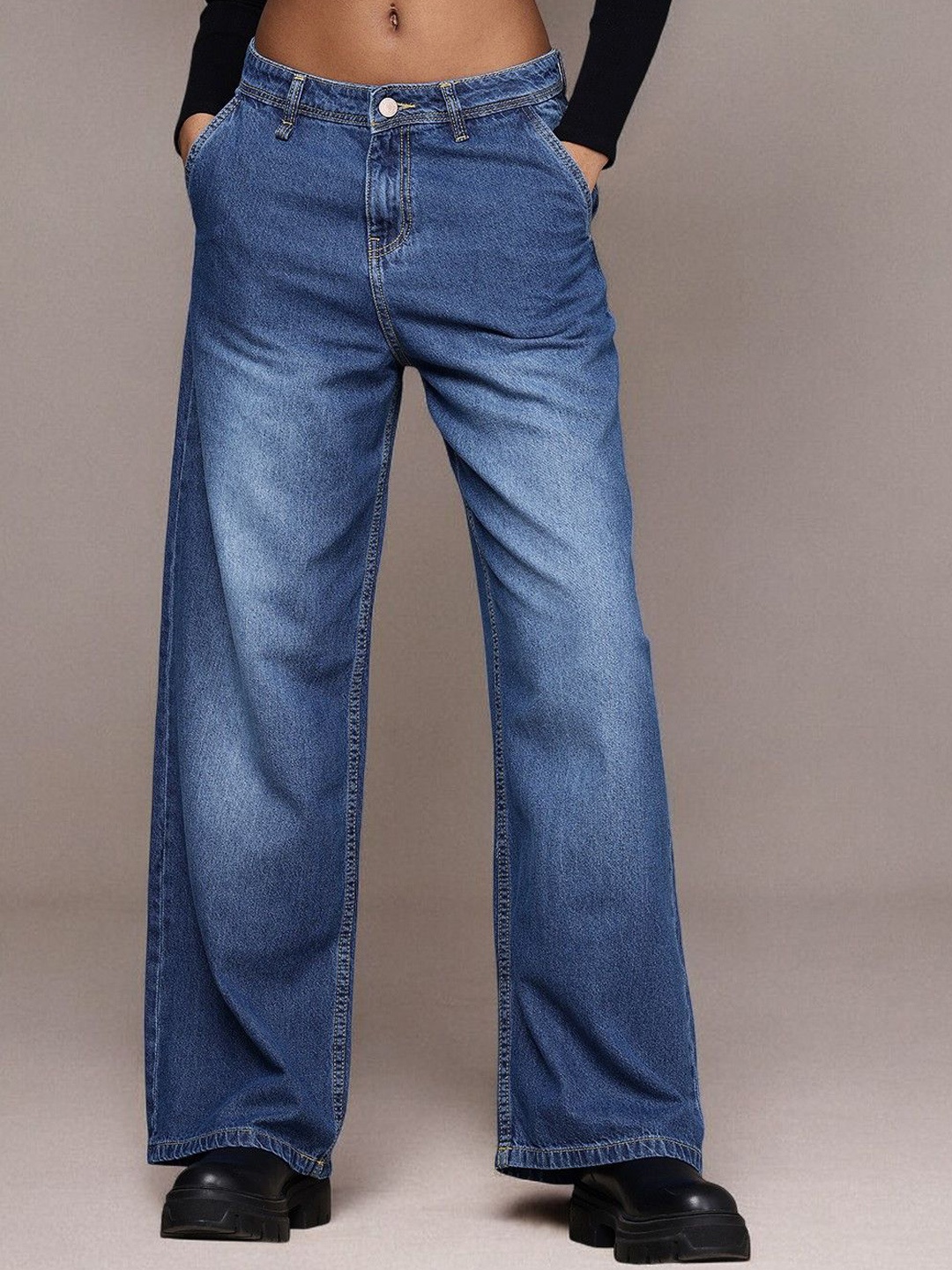 

GUTI Women Pure Cotton Baggy Fit Heavy Fade Jeans, Blue