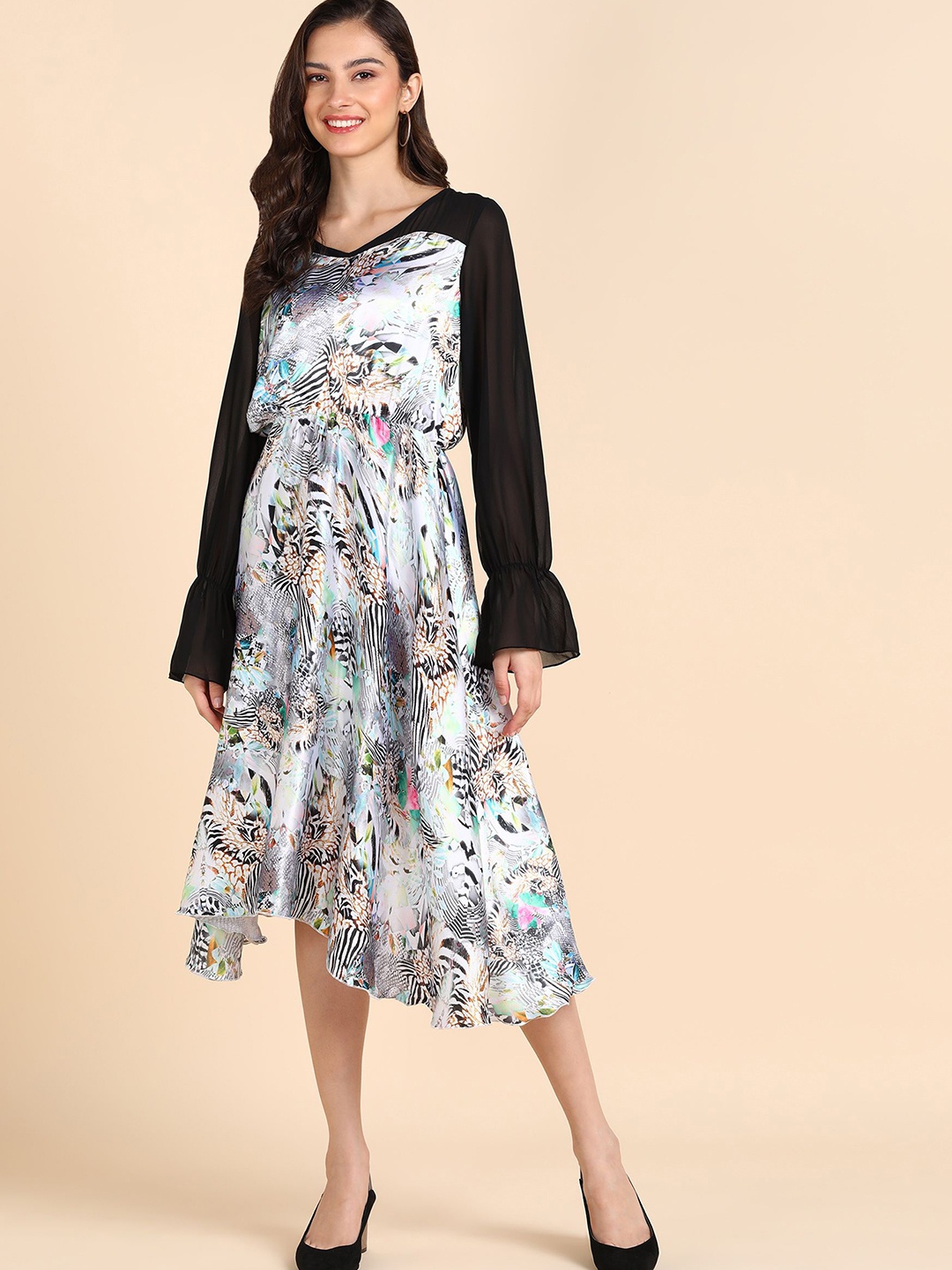 

DODO & MOA Floral Print Georgette A-Line Midi Dress, Black