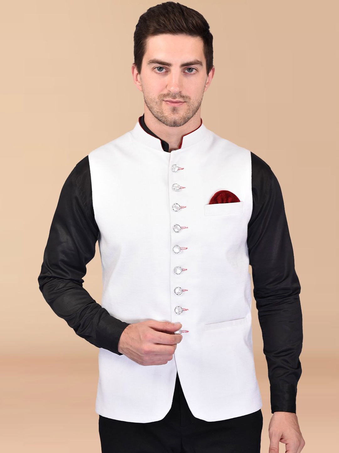 

PRINTINDIA Men Embellished Mandarin Collar Nehru Jackets, White