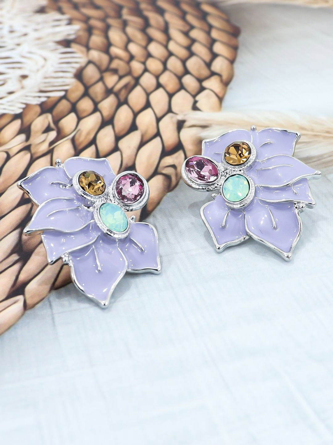 

KRENOZ Silver-Plated Stainless Steel Rhinestone Studded Resin Floral Studs