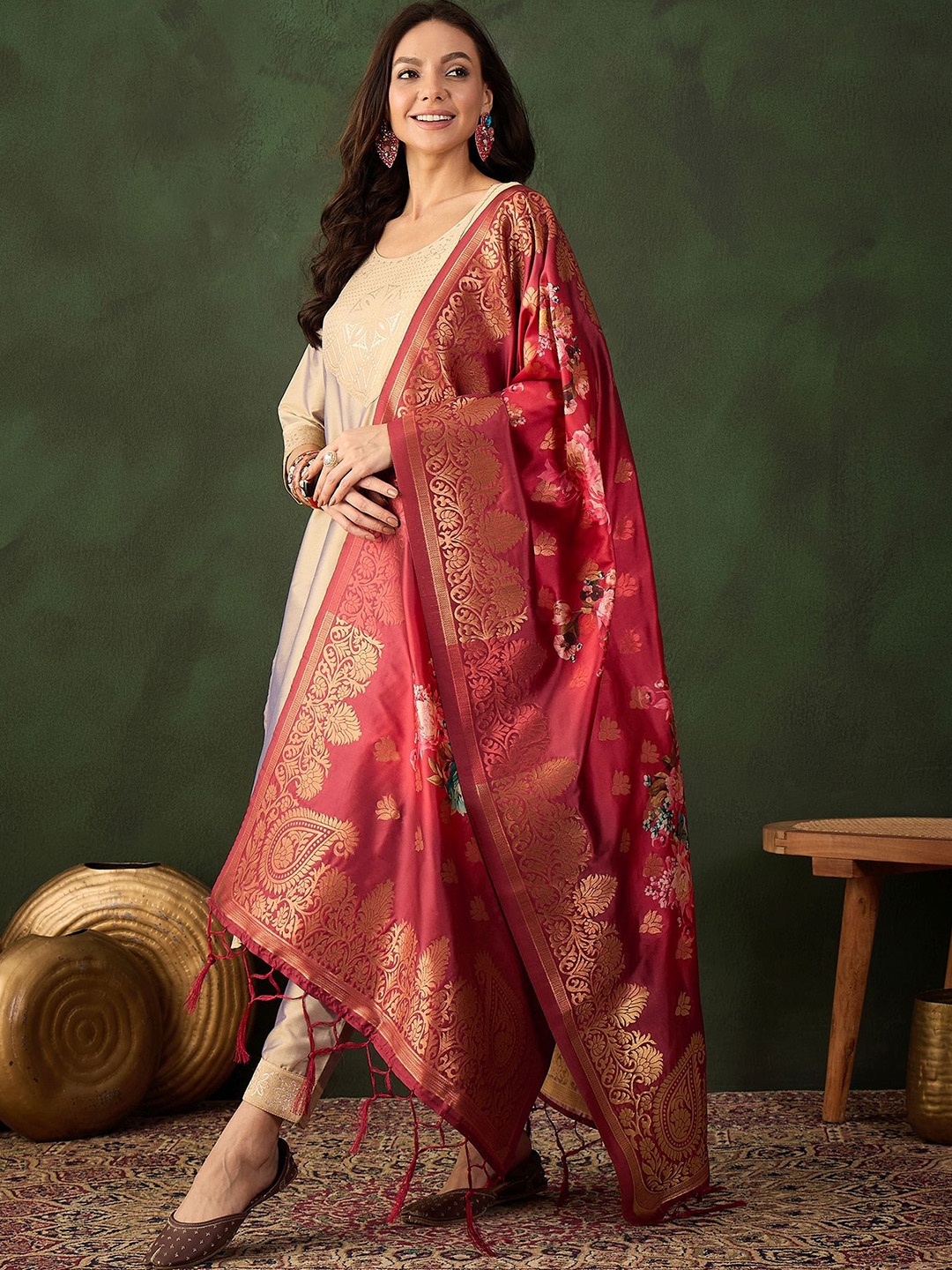 

Sangria Woven Design Kurta & Trouser With Dupatta, Beige