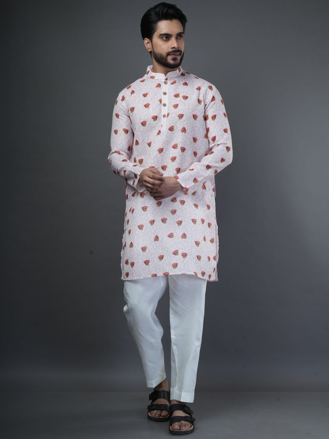 

ARYA Men Printed Regular Linen Kurta with Pyjamas, White