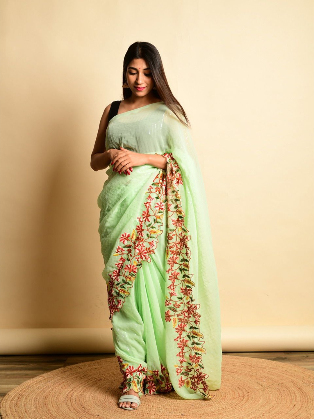 

Anouk Floral Poly Georgette Saree, Sea green