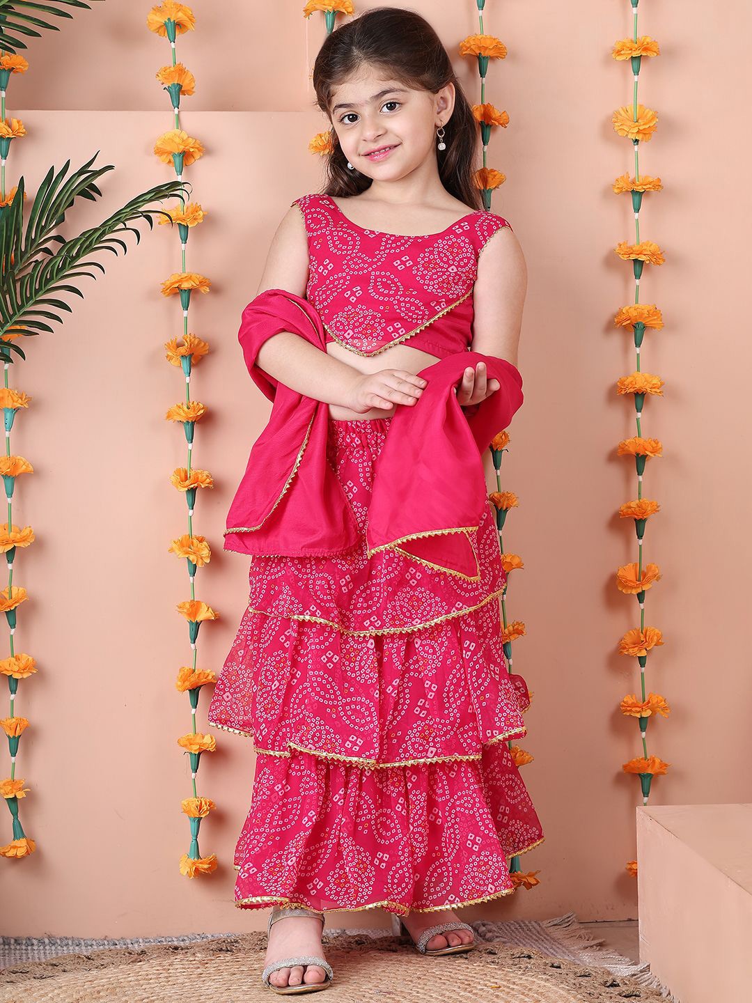 

NEUDIS Girls Bandhani Printed Gotta Patti Ready to Wear Lehenga & Choli With Dupatta, Magenta