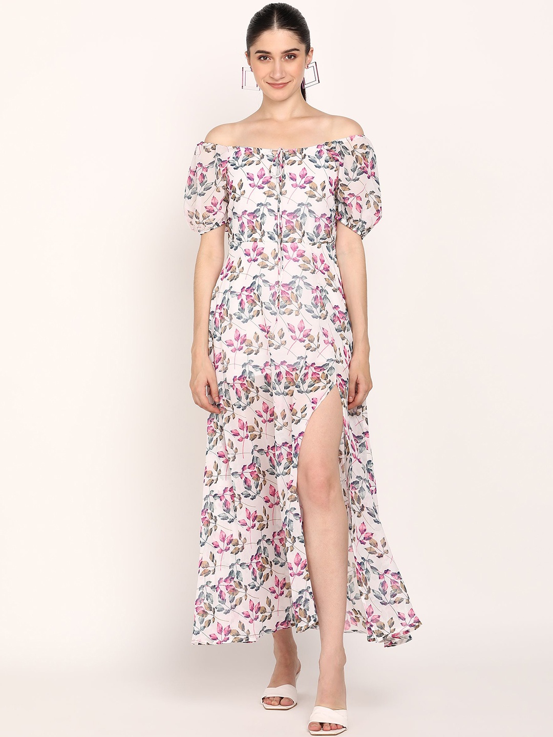 

DODO & MOA Floral Print Off-Shoulder Puff Sleeve Georgette Maxi Dress, White