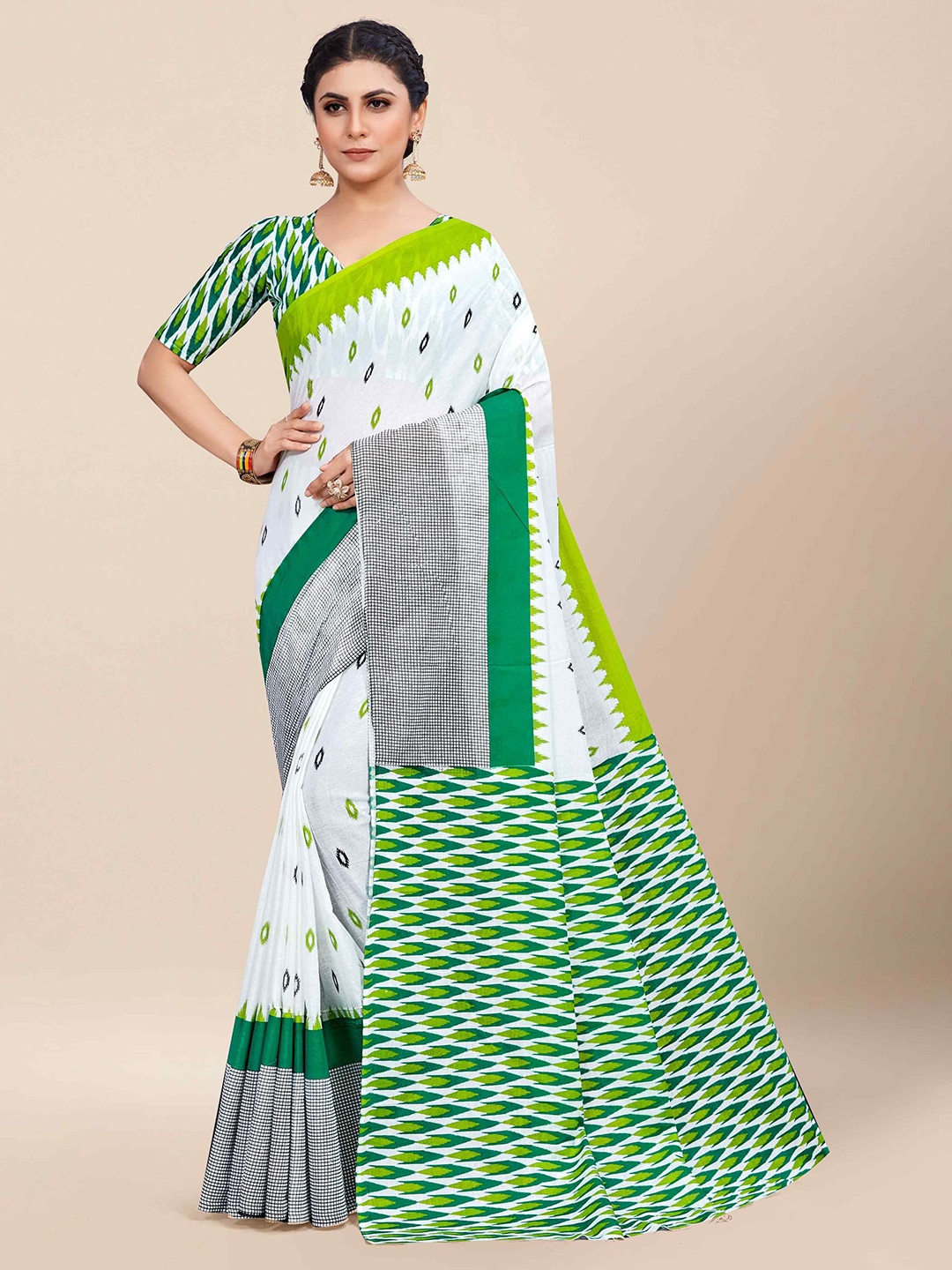 

HERE&NOW Geometric Printed Pure Cotton Bagru Saree, White