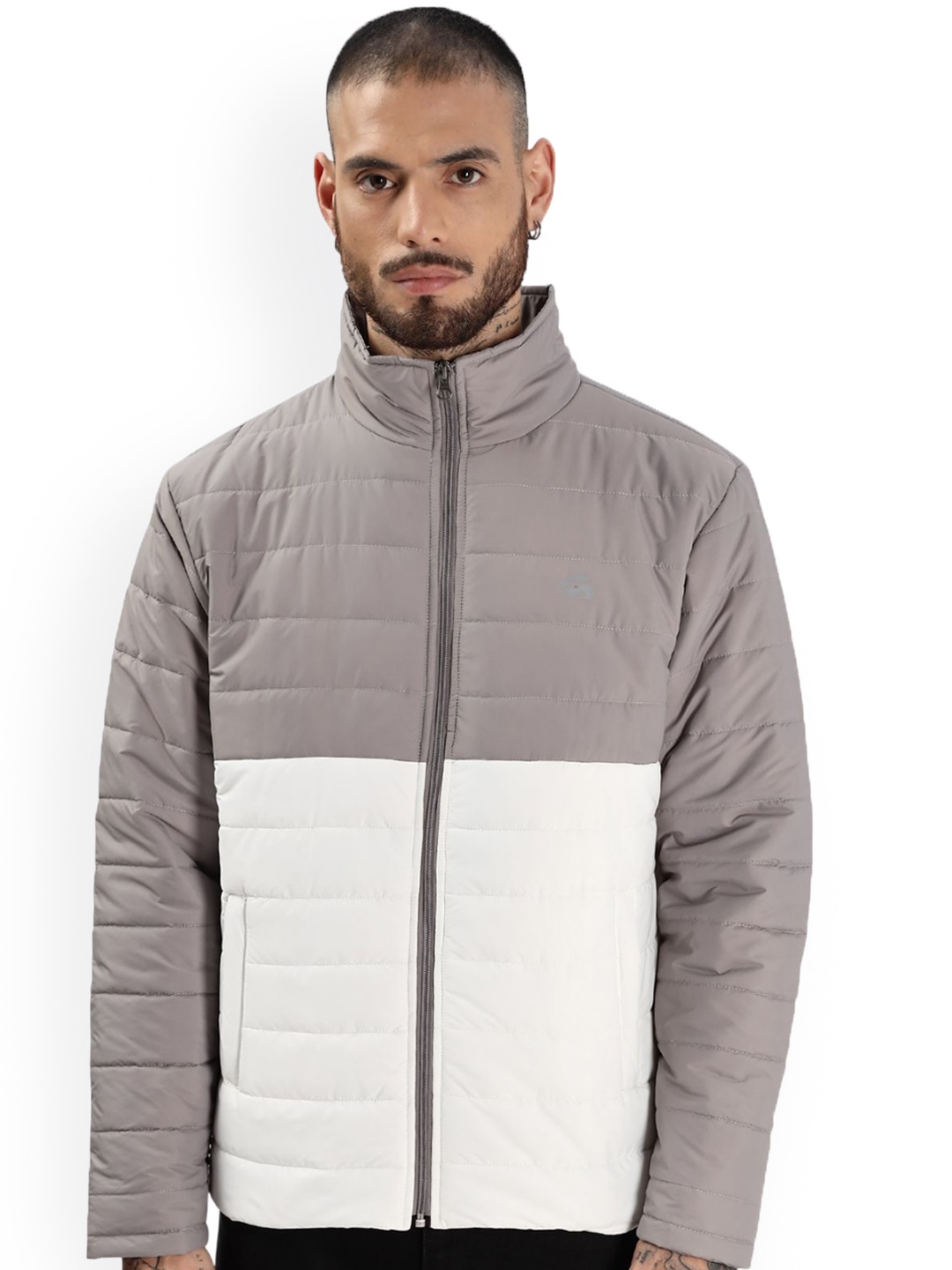 

ADRO Men Colourblocked Windcheater Bomber with Patchwork Jacket, White