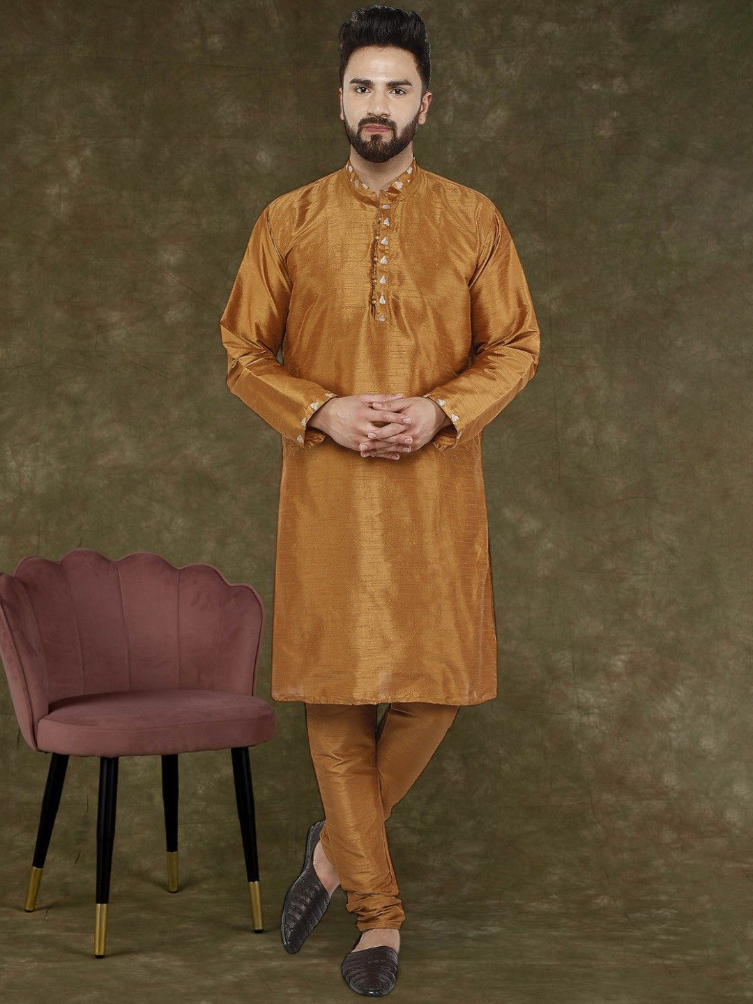 

SKAVIJ Mandarin Collar Long Sleeves Regular Thread Work Straight Kurta With Churidar, Brown