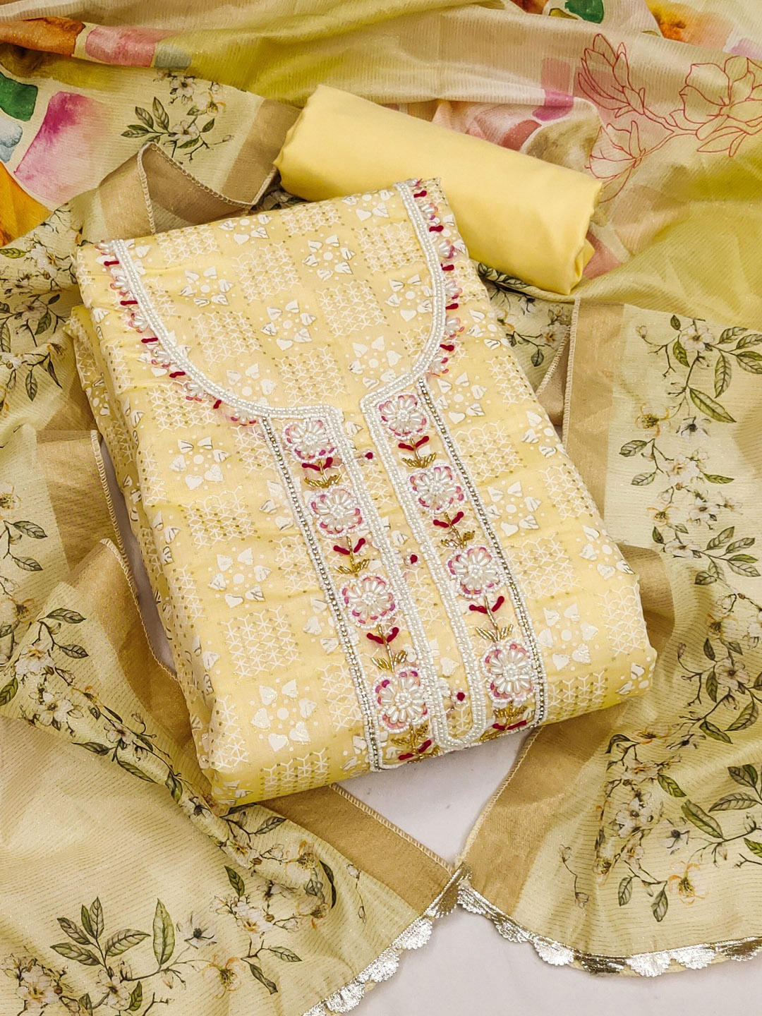 

Maroosh Geometric Printed Beads and Stones Unstitched Dress Material, Yellow