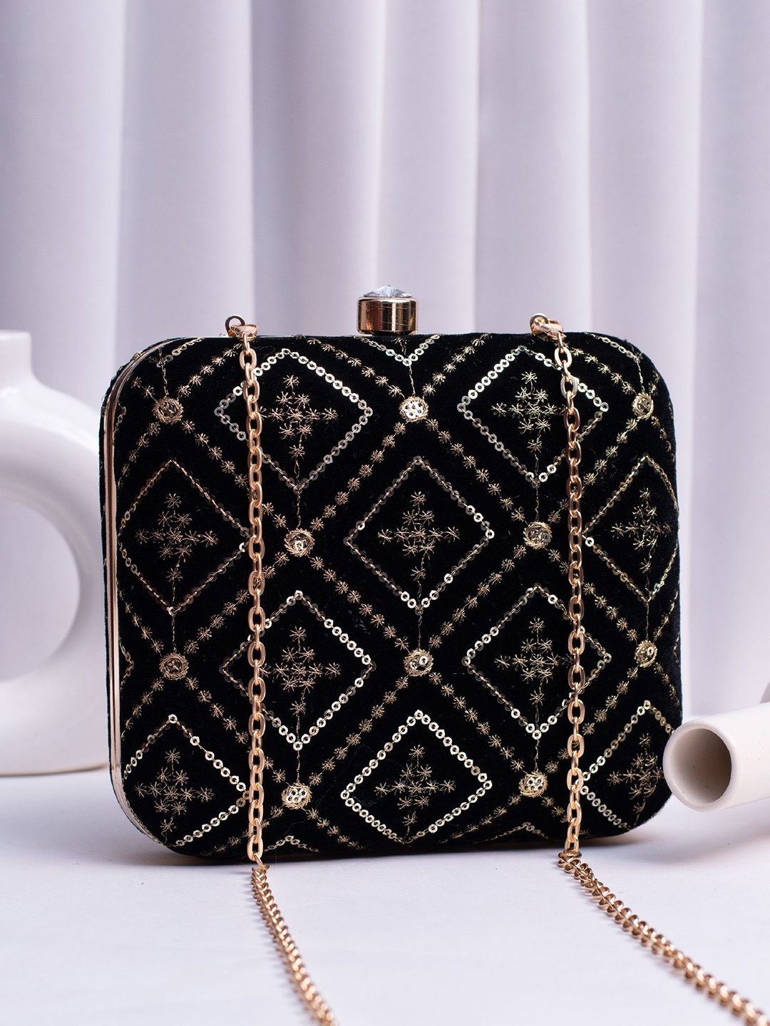 

ARTKLIM Embroidered Embellished Box Clutch, Black