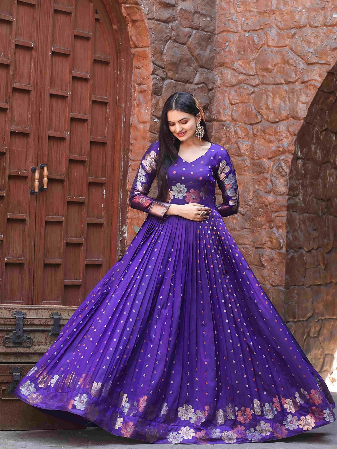 

DEVATITHI Printed Pure Silk Gown Ethnic Dress, Violet