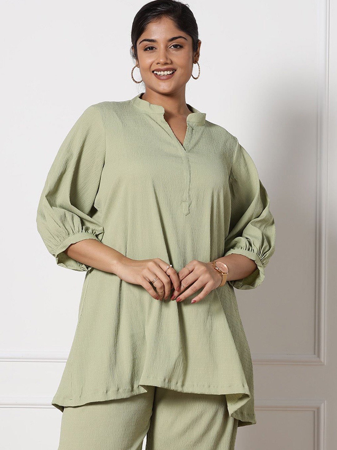 

LetsDressUp Mandarin Collar Longline Top, Green