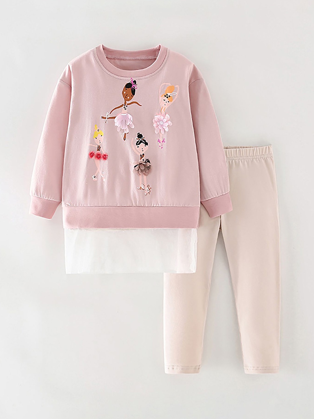 

LULU & SKY Girls Printed Pure Cotton Top & Leggings Night Suit, Pink