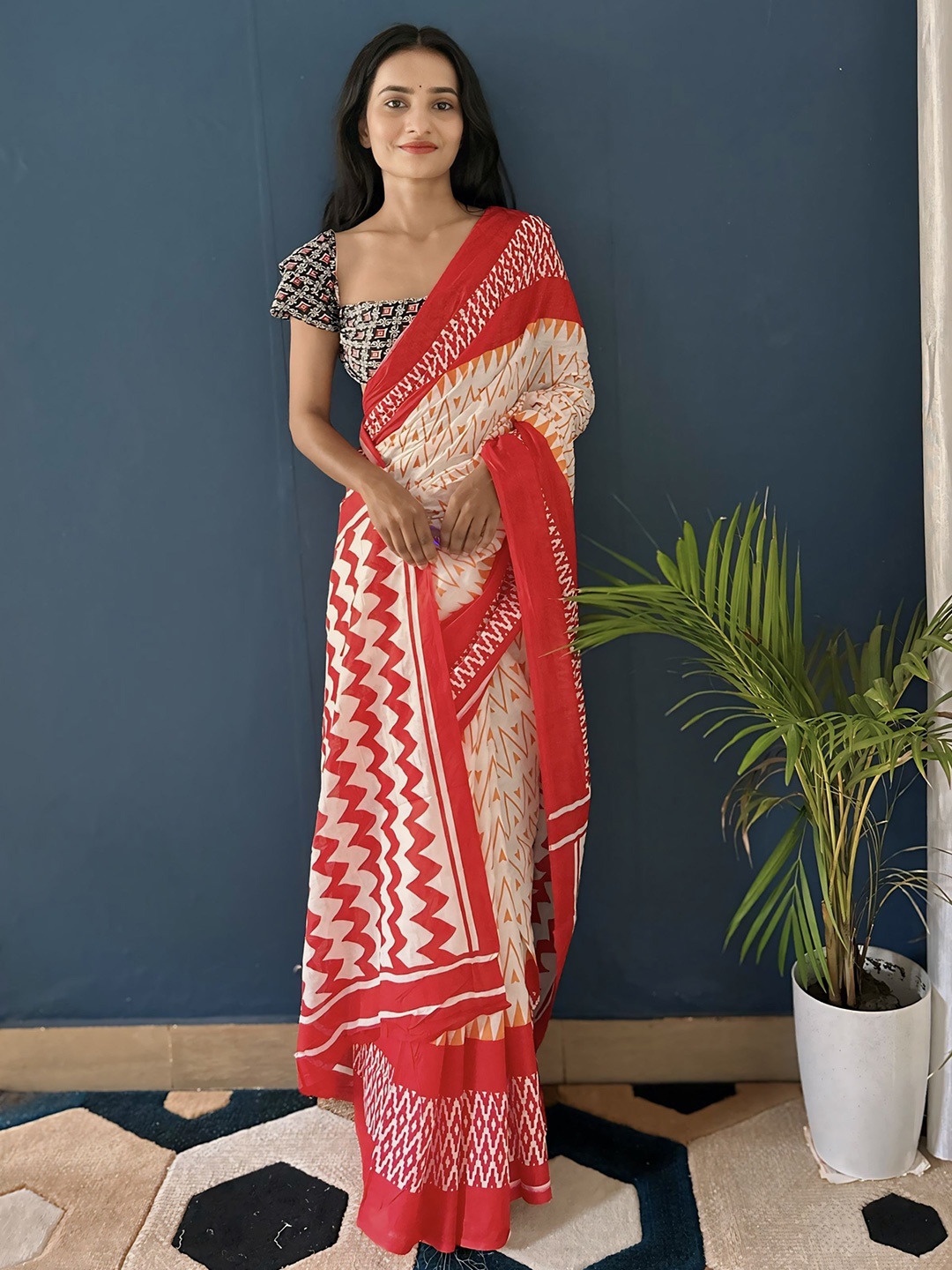 

HERE&NOW Kalamkari Printed Pure Cotton Bagru Saree, White