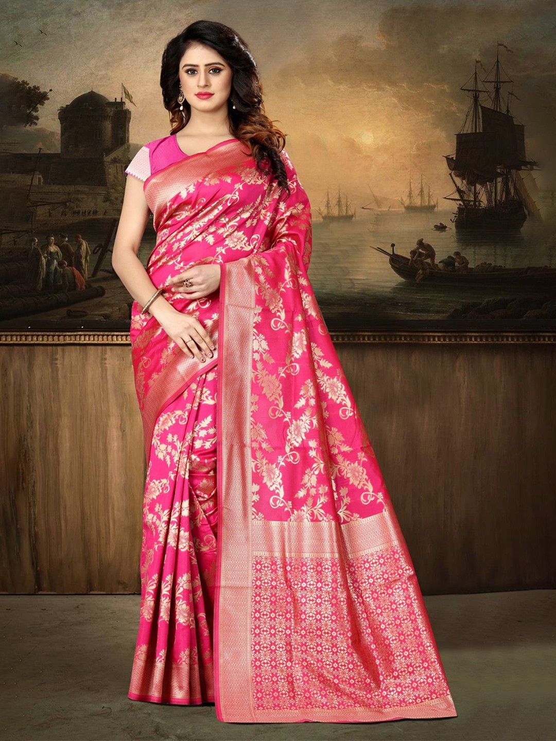 

KALINI Woven Design Silk Blend Designer Kanjeevaram Saree, Pink