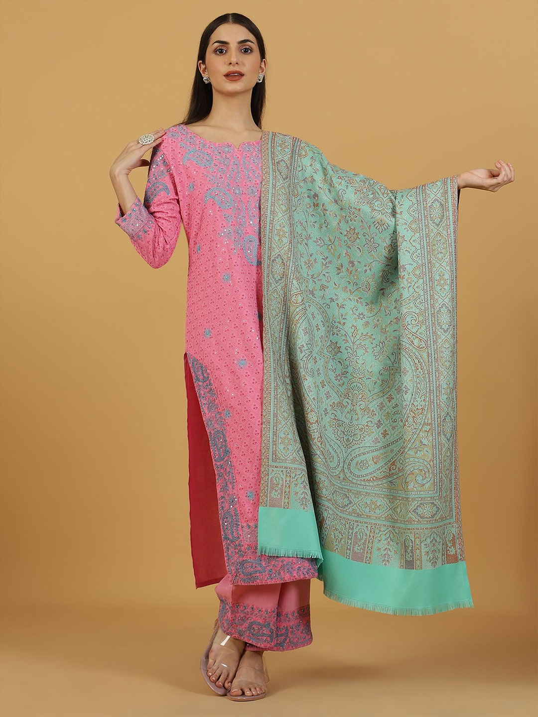 

La Vastraa Woven Design Fringed Shawl, Green